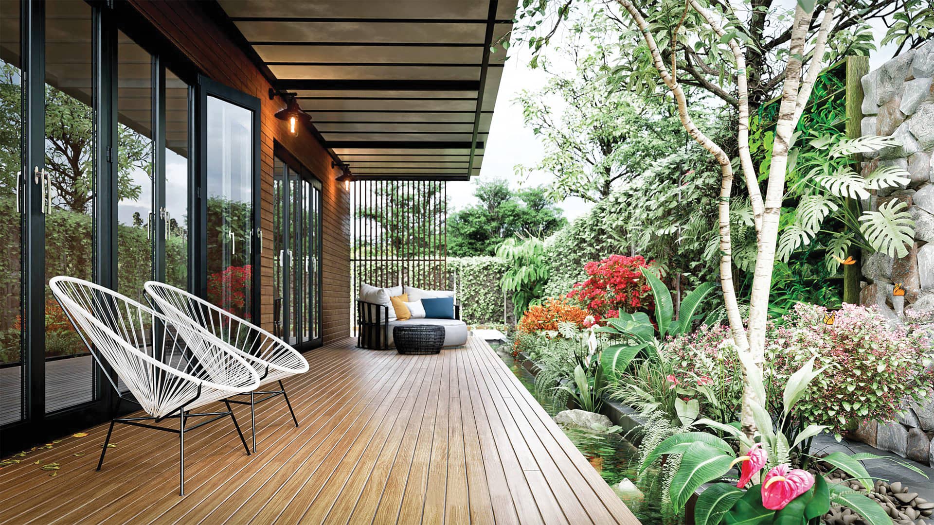 Rendu-lumion-pro-terrasse A Terrasse avec mobilier design et jardin tropical luxuriant.