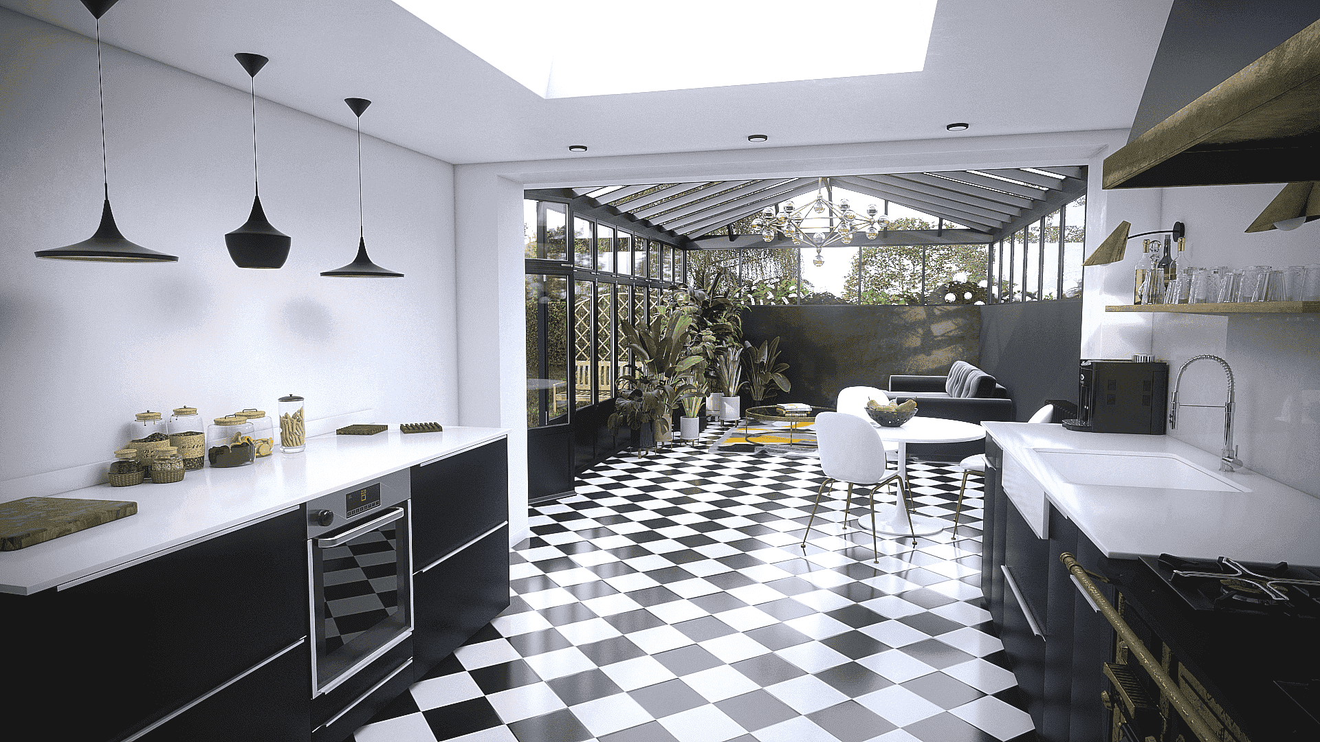 Modélisation intérieure avec 3ds Max : cuisine et verrière Rendu 3D d'un espace intérieur moderne avec verrière et cuisine, réalisé avec 3ds Max