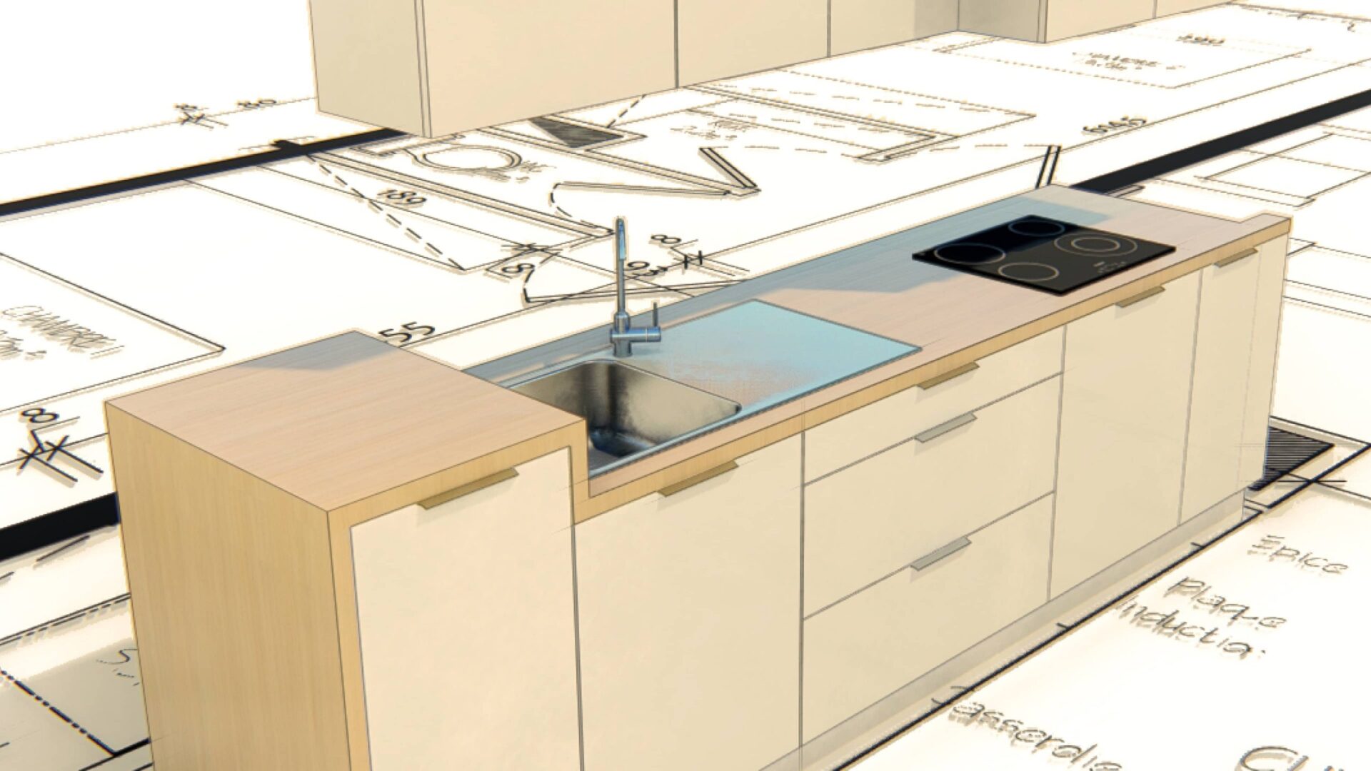 Modélisation 3D de cuisine avec un logiciel de CAO généraliste Modélisation 3D d’une cuisine sur fond de plan 2D.