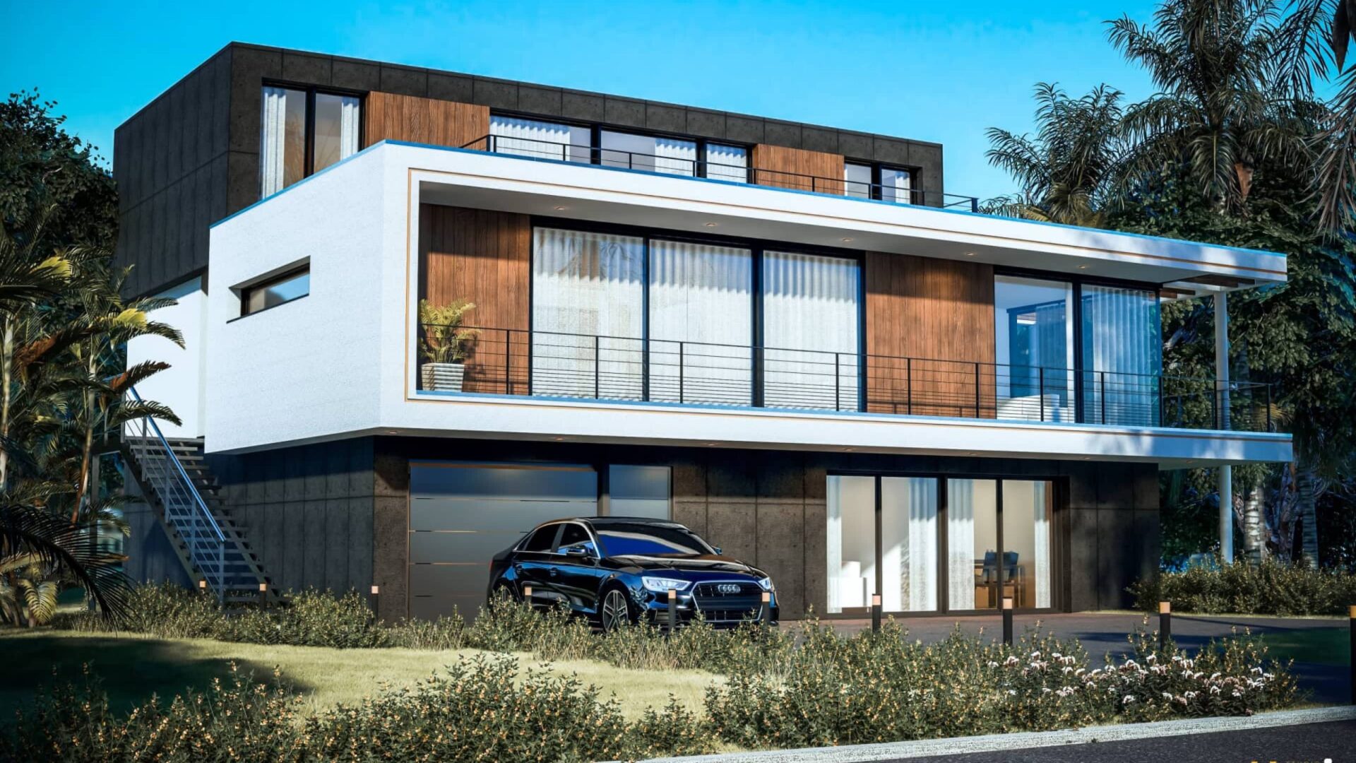 Enscape_Résidence contemporaine avec design minimaliste Maison moderne à deux étages avec des façades en bois et des grandes baies vitrées.