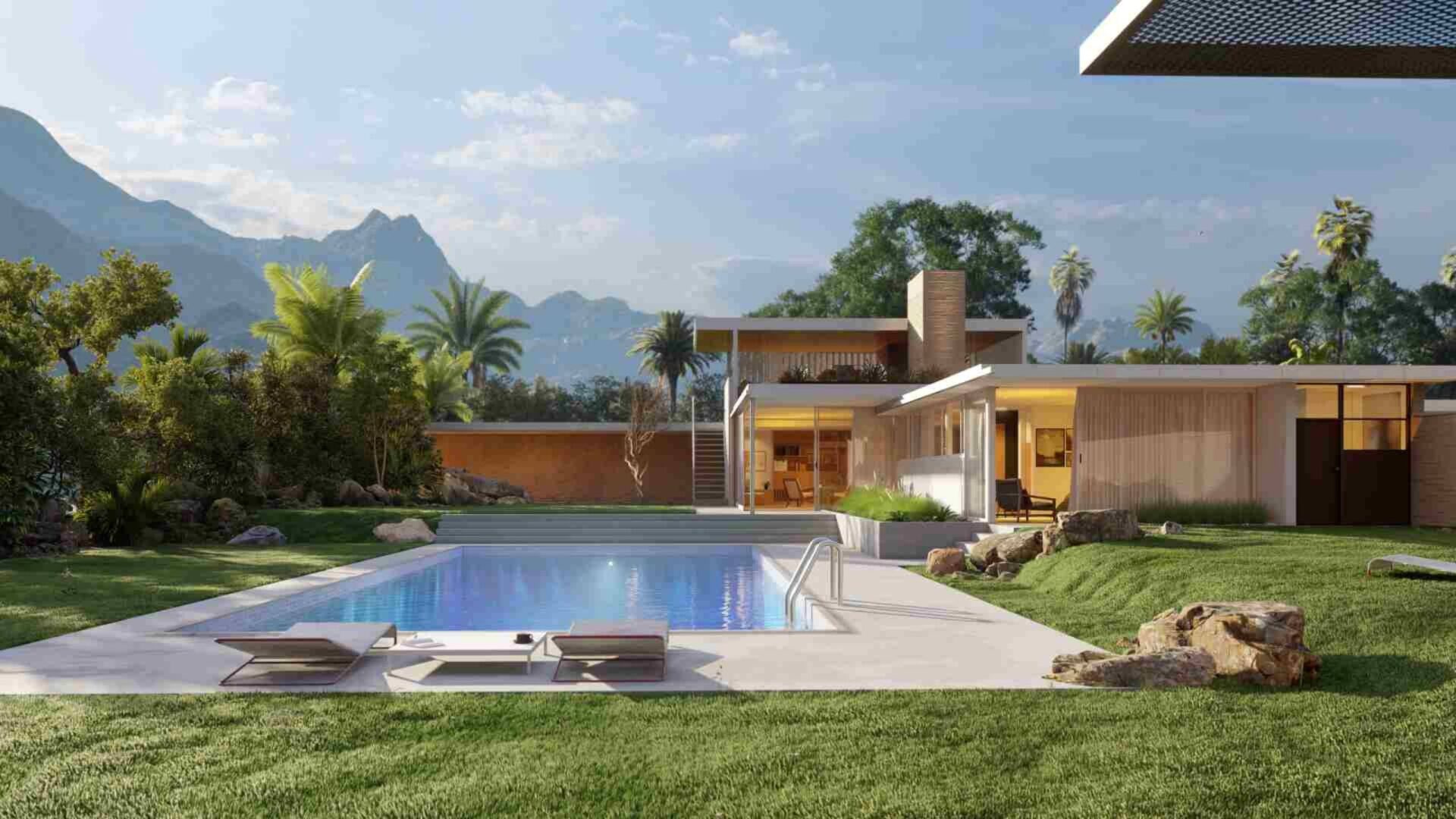 Rendu Lumion : Villa moderne avec piscine – Formation Formalisa Rendu 3D d'une villa moderne avec piscine, généré à l'aide du logiciel Lumion pour illustrer la visualisation architecturale enseignée chez Formalisa.
