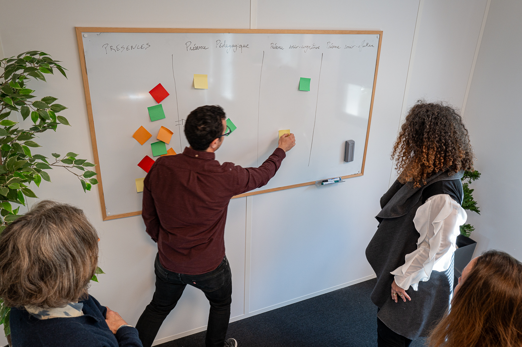 Animateur organisant une session de réflexion avec des post-its colorés sur un tableau blanc.