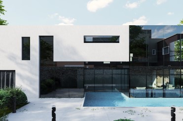 Rendu 3D d'une façade moderne avec piscine, conçu avec 3ds Max pour un projet architectural