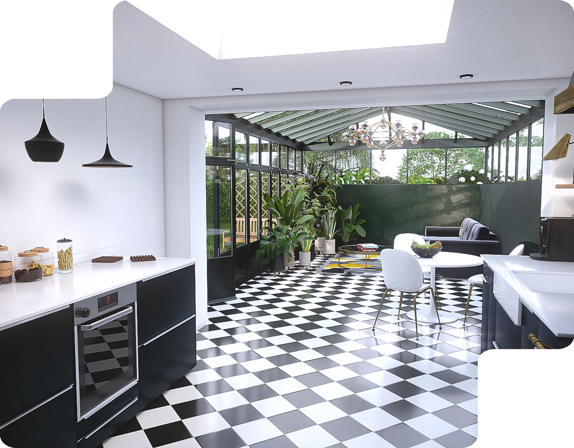 Rendu architectural haut de gamme avec 3ds Max Rendu 3D réaliste d’un intérieur lumineux avec verrière, plantes et sol à damier, réalisé avec 3ds Max.