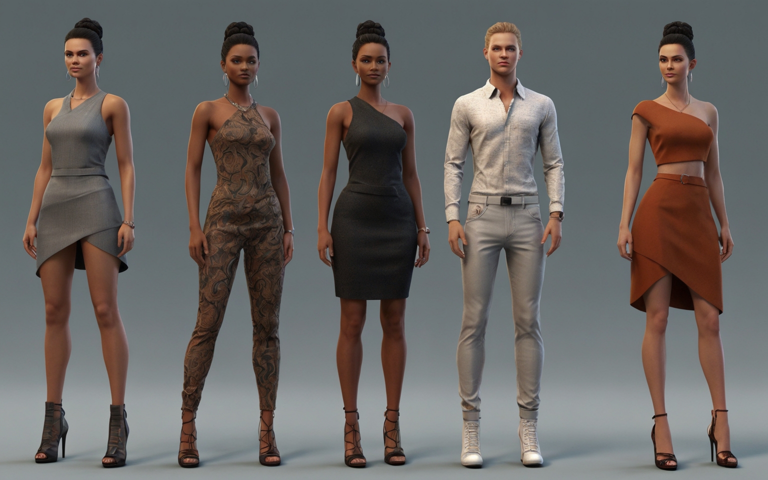 Clo3D_Élégance et Raffinement en Modélisation Virtuelle Modèles 3D masculins et féminins en tenues élégantes et festives sur fond neutre.