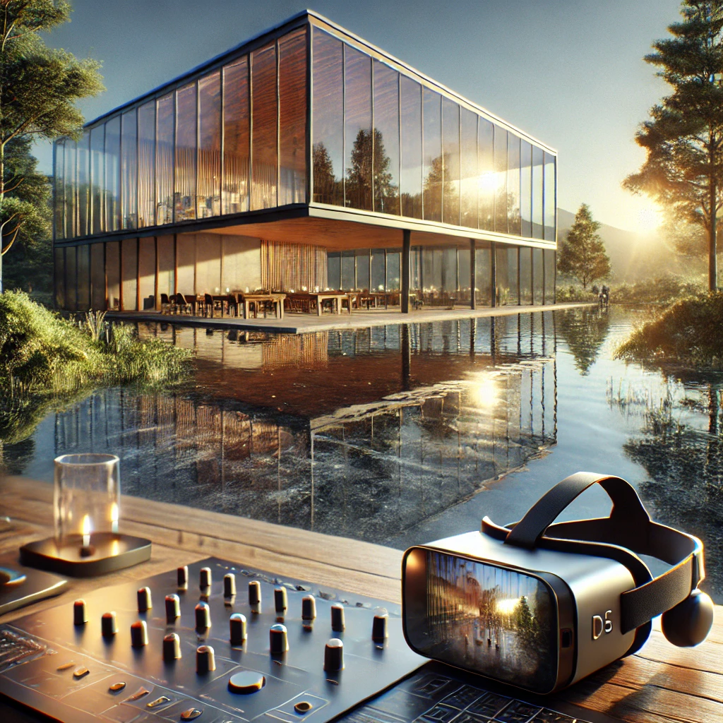 Formation D5 Render : Maîtrisez la visualisation 3D immersive Visualisation architecturale immersive avec des casques VR et un bâtiment moderne au bord de l'eau.