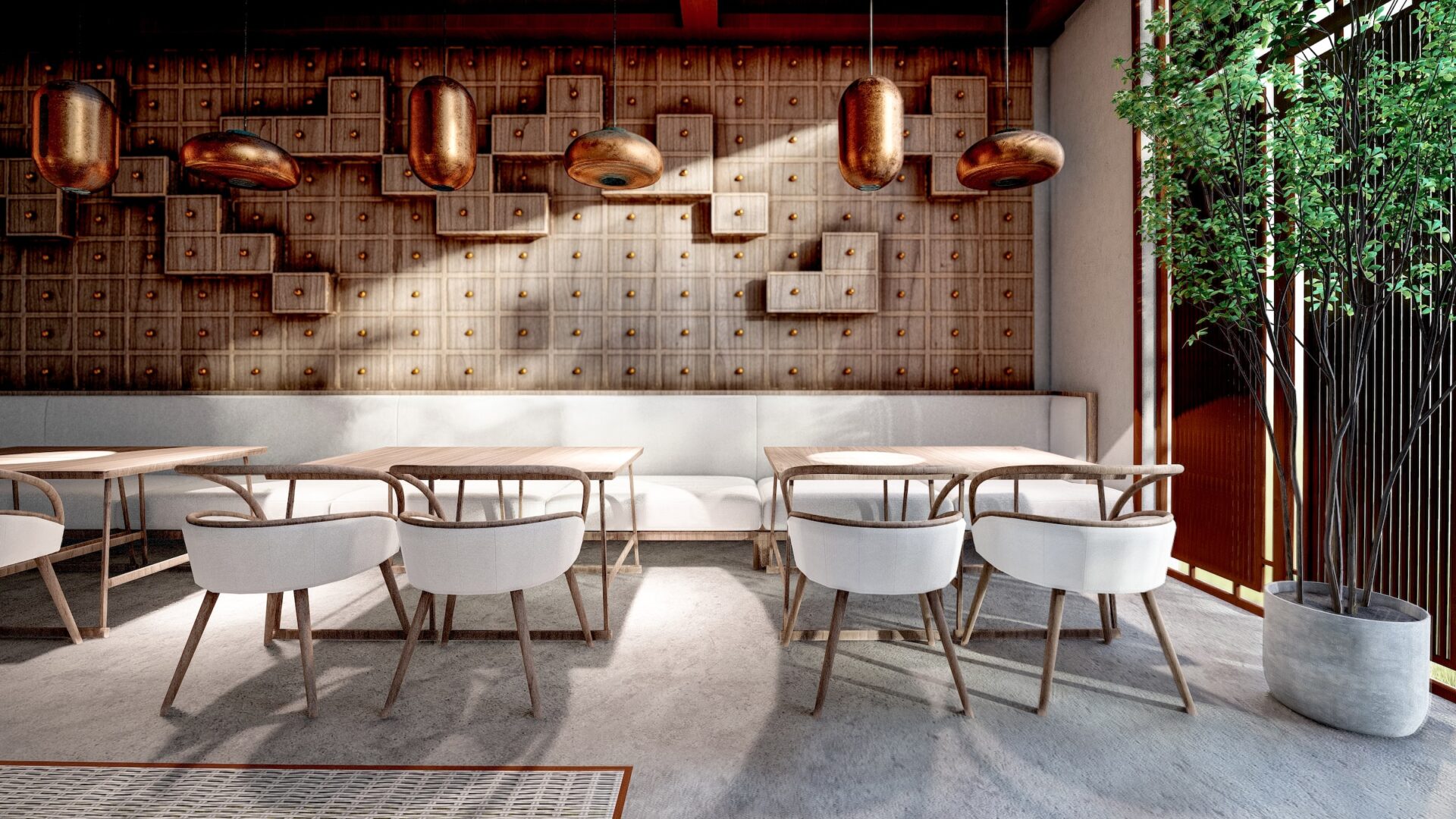 Enscape_Restaurant design au style chaleureux Intérieur d'un café ou restaurant avec des luminaires en cuivre et des murs en bois texturé.