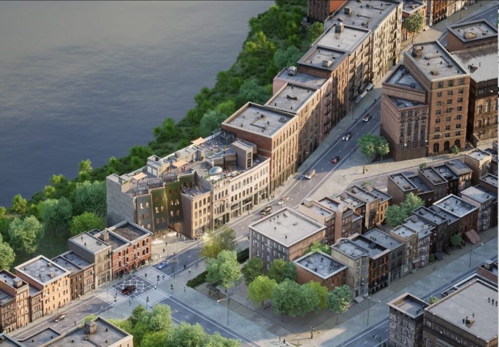 Vue aérienne d'un projet urbain intégré dans un quartier historique près d'un cours d'eau.