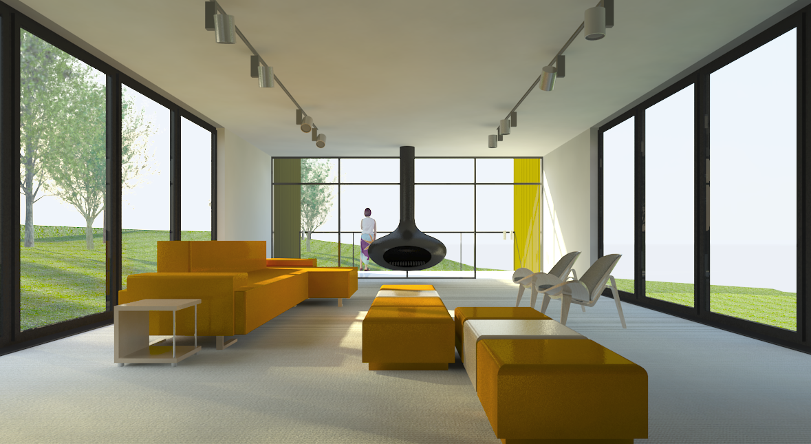 REVIT_Salon design interieur et cheminée suspendue Rendu 3D d’un salon avec mobilier jaune et cheminée suspendue, créé avec Revit pour un projet de design intérieur