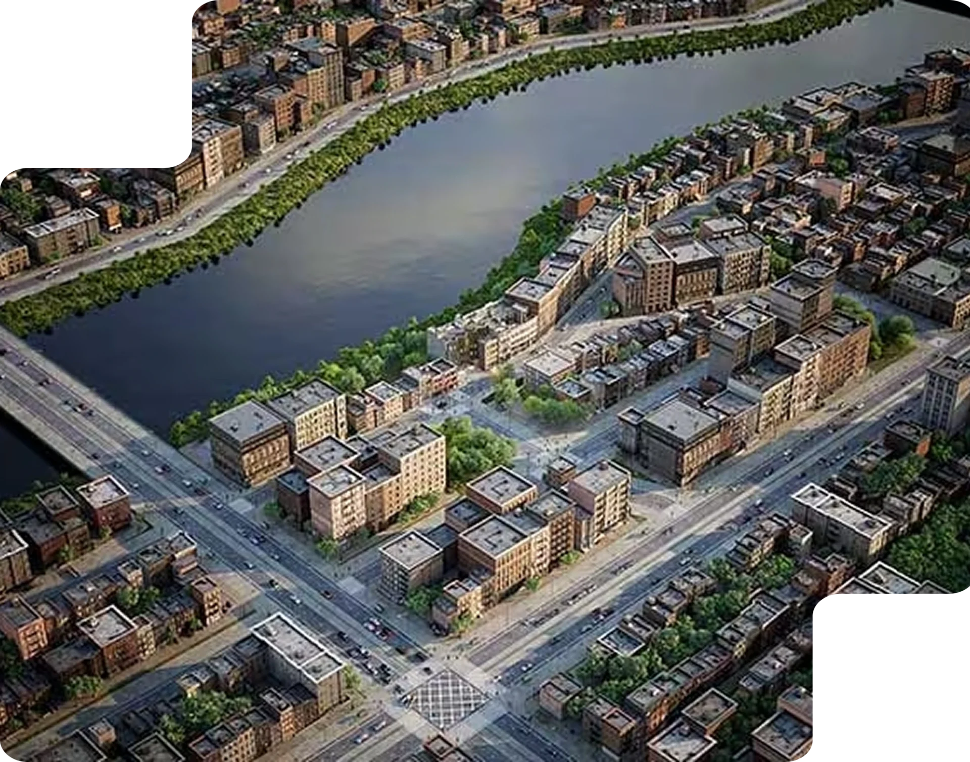 Maîtrisez Revit pour vos projets architecturaux et urbains Vue aérienne d’un quartier urbain modélisé en 3D avec Revit, montrant bâtiments, routes et plan d’eau