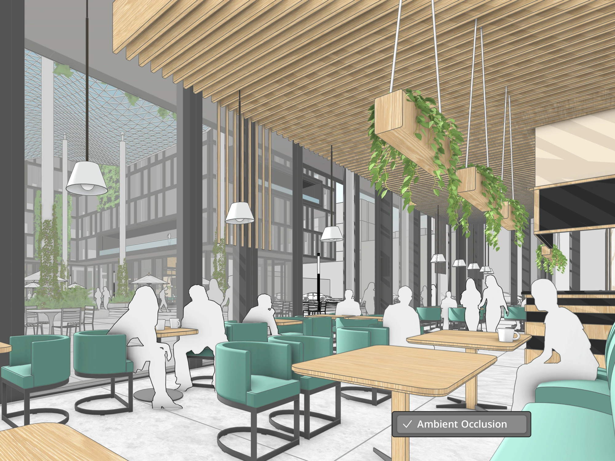 Visualisation d’un espace intérieur moderne réalisée avec SketchUp, incluant des tables, chaises vertes et des silhouettes de personnes dans un café lumineux.