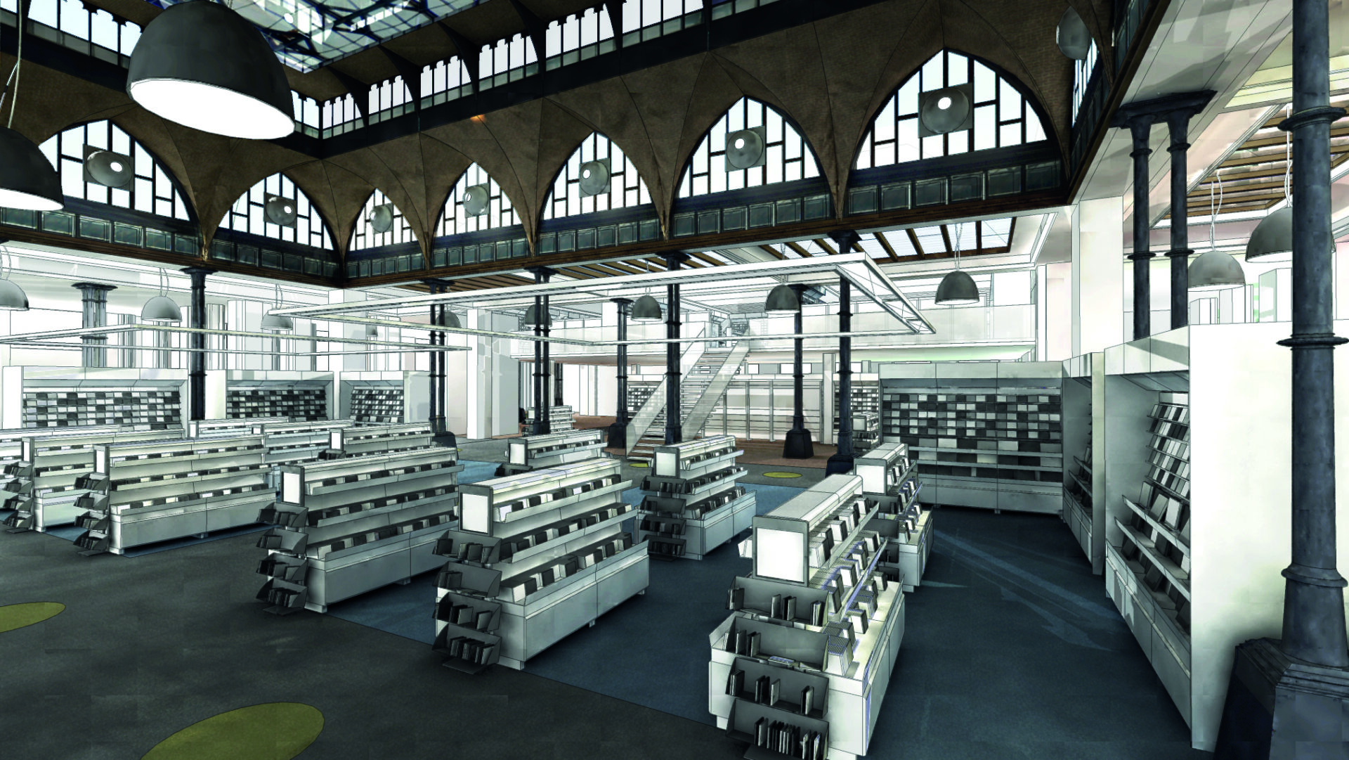 SketchUp_Vue intérieure de bibliothèque moderne Vue intérieure en 3D d'une bibliothèque réalisée avec SketchUp.