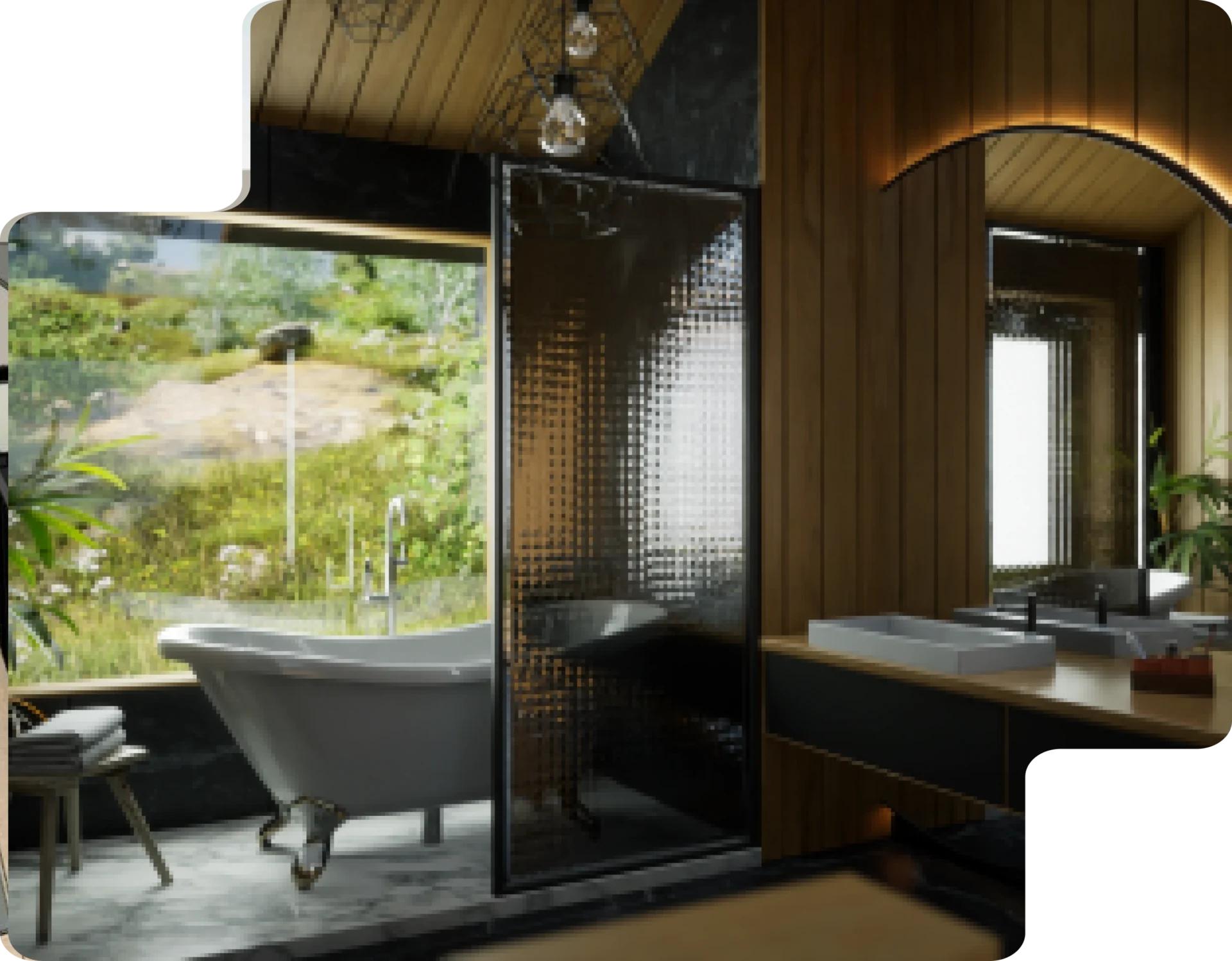 Créez des rendus immersifs avec Twinmotion Salle de bain contemporaine avec vue sur un jardin, modélisée en 3D et rendue avec Twinmotion