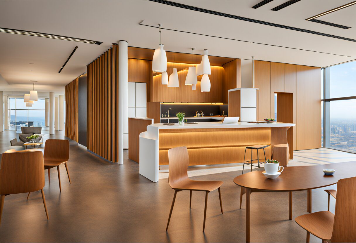 Cuisine moderne et lumineuse conçue avec ArchiCAD, offrant une vue panoramique sur la ville.