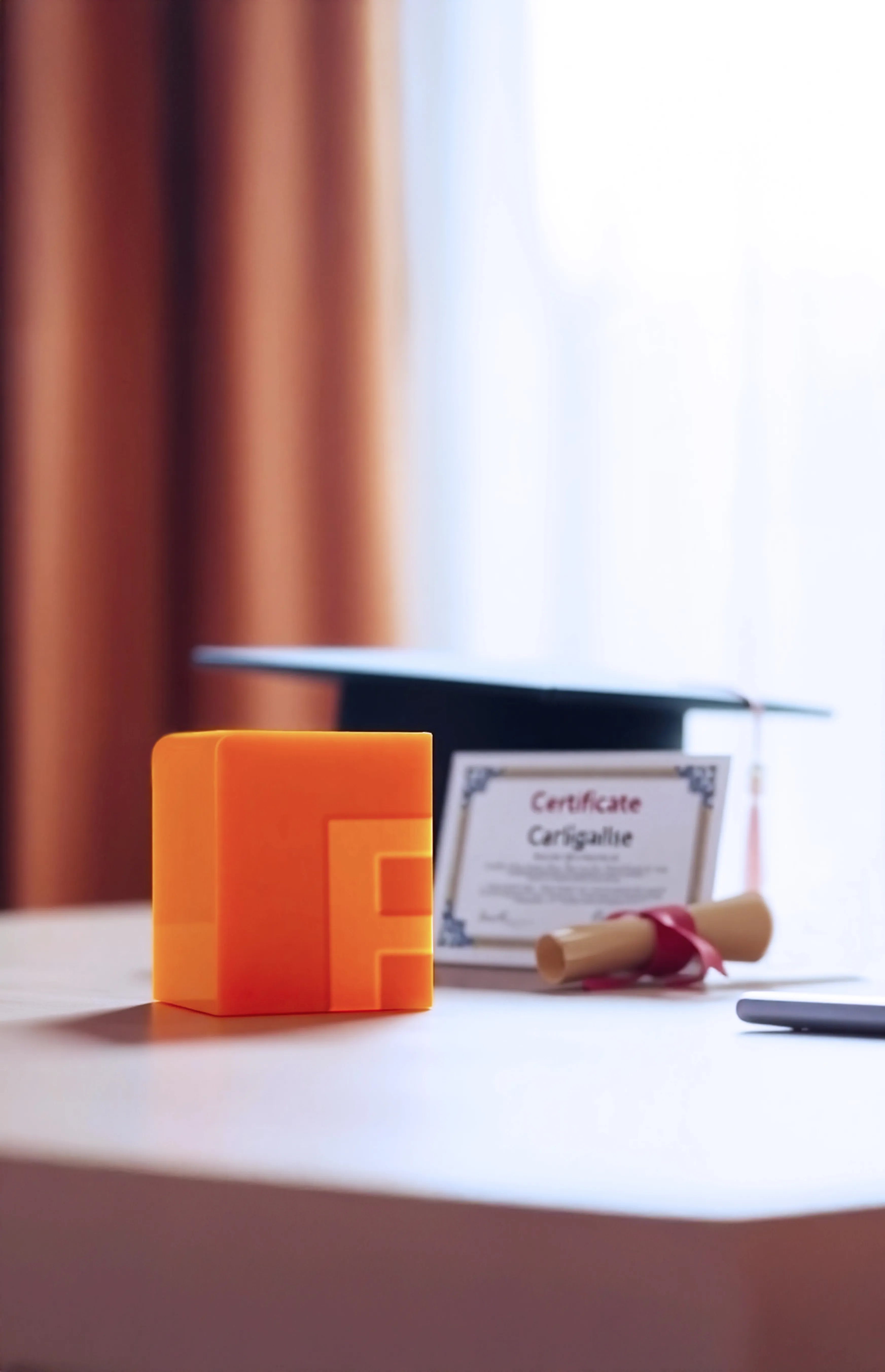 Une reconnaissance professionnelle à la clé. Trophée et diplôme de certification professionnelle sur un bureau.