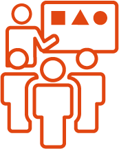 Icône orange représentant un groupe de personnes assistantes à une présentation.