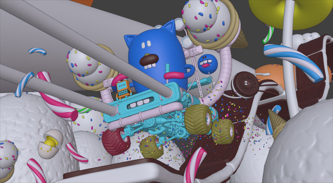 Scène 3D ludique et colorée conçue dans Blender, représentant des personnages stylisés dans un environnement sucré, avant l’étape d’exportation.