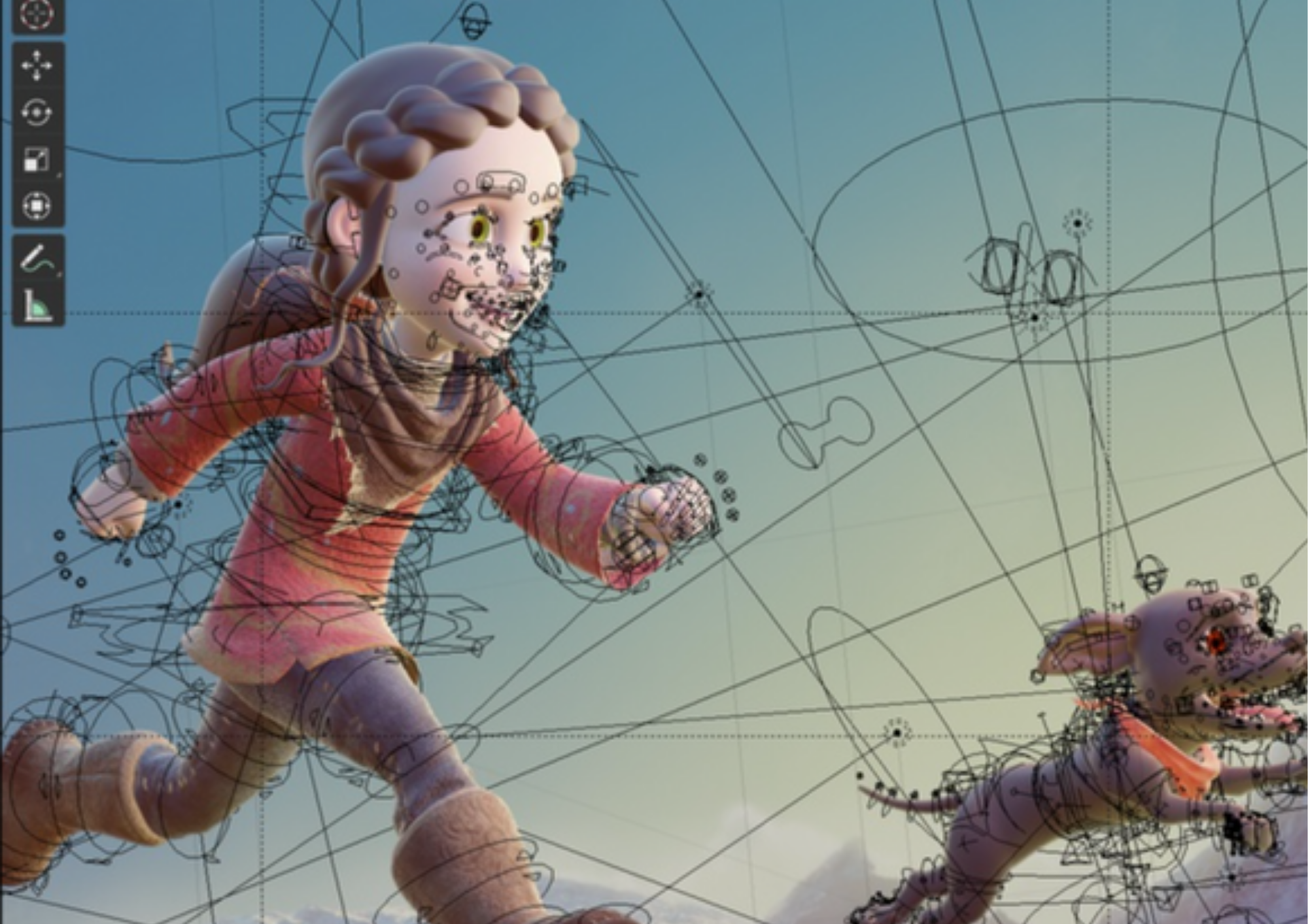 Animation 3D d’un personnage et d’un chien avec les contrôleurs visibles dans l’interface de Blender, logiciel de motion design