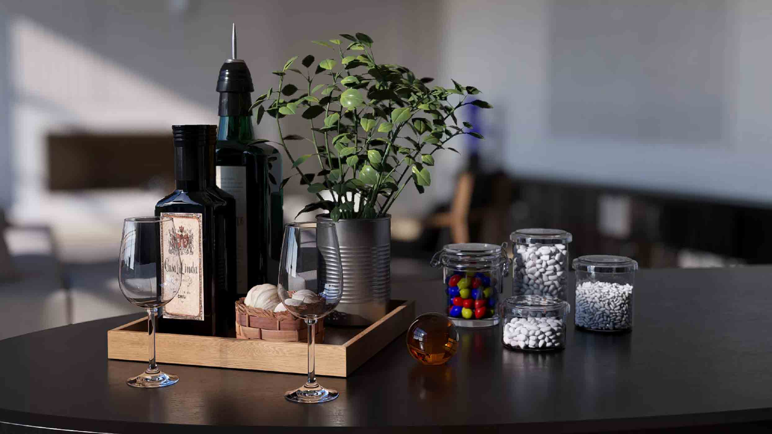 Rendu réaliste d’une scène intérieure avec objets 3D importés dans Lumion, incluant bouteilles, verres, bocaux et plante