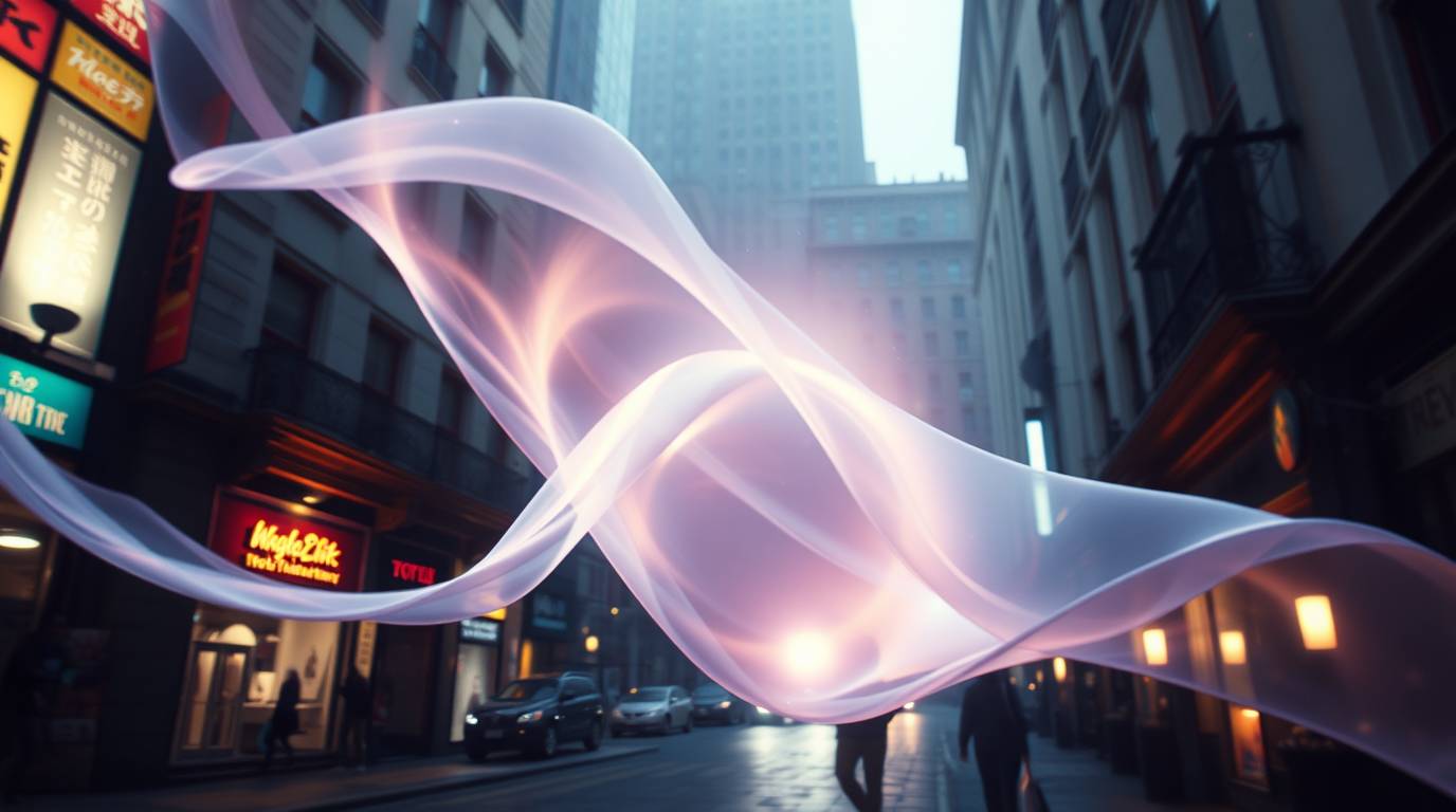 Animation graphique lumineuse dans une rue urbaine illustrant le potentiel créatif du motion design en 2025.