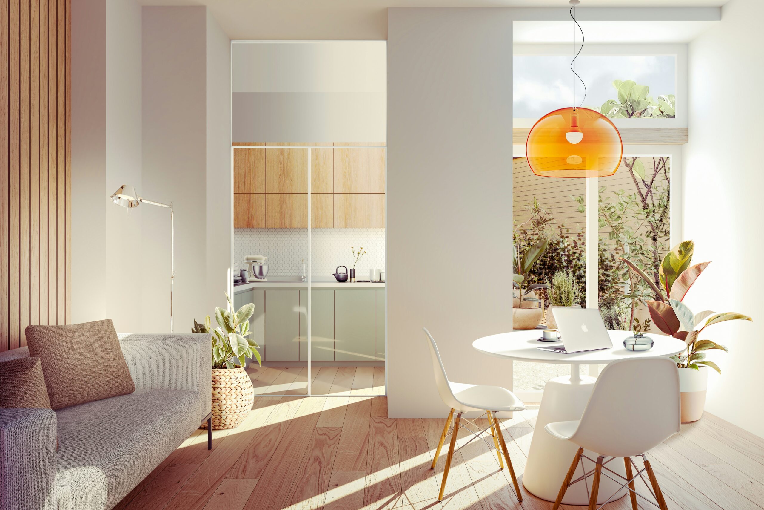 Rendu 3D réaliste d’un intérieur lumineux avec cuisine ouverte, réalisé avec un logiciel de visualisation architecturale.