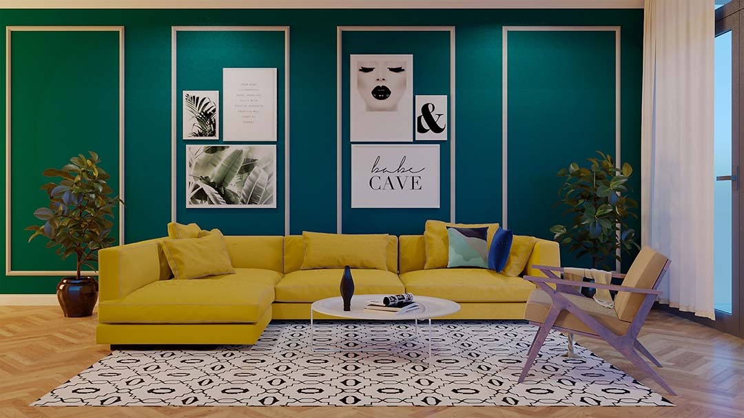 Image d'intérieur avec un canapé jaune, illustrant les formations sur l'harmonisation des palettes de couleurs