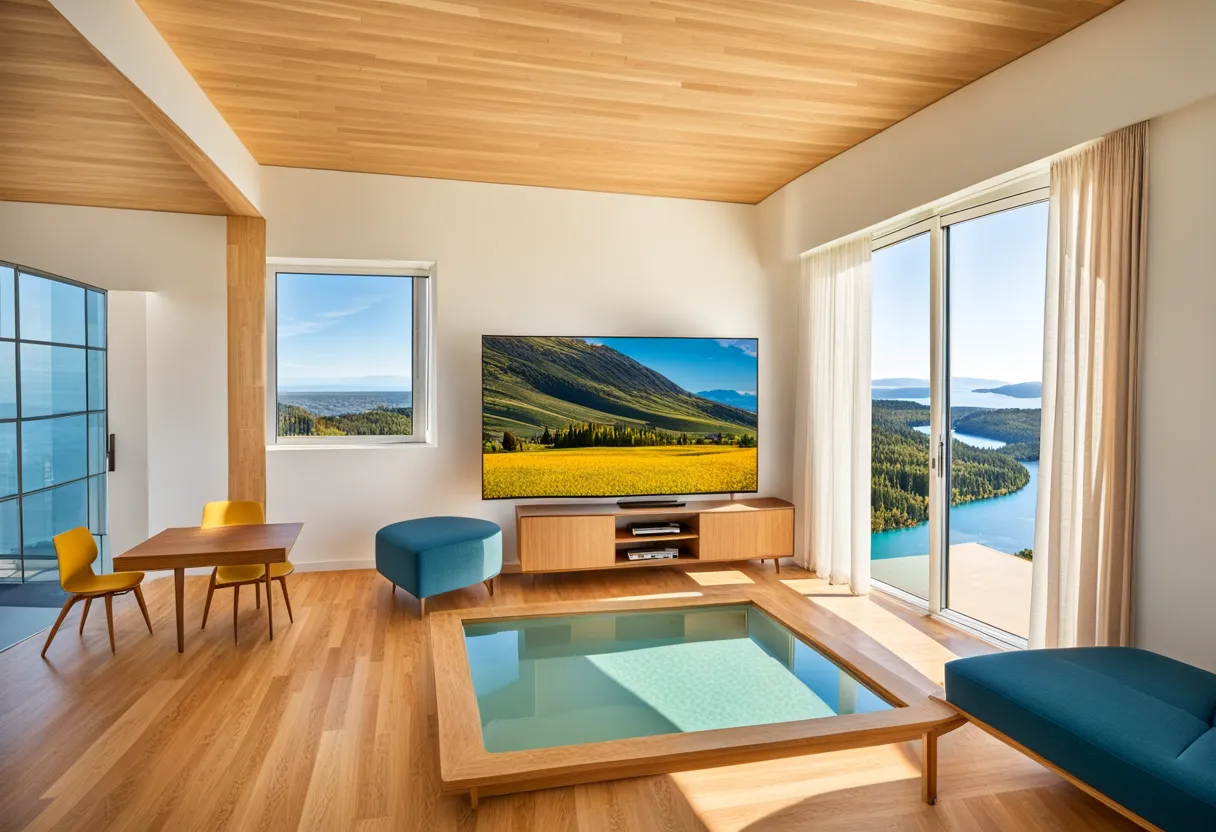 Maison moderne avec grandes baies vitrées donnant sur un paysage naturel