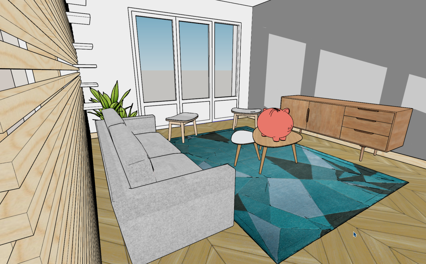 Intérieur d'appartement modélisé sur sketchup avec tirelire