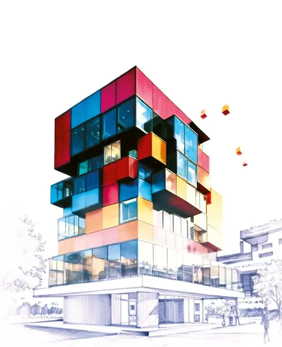 Bâtiment modulaire futuriste aux façades colorées et vitrées.