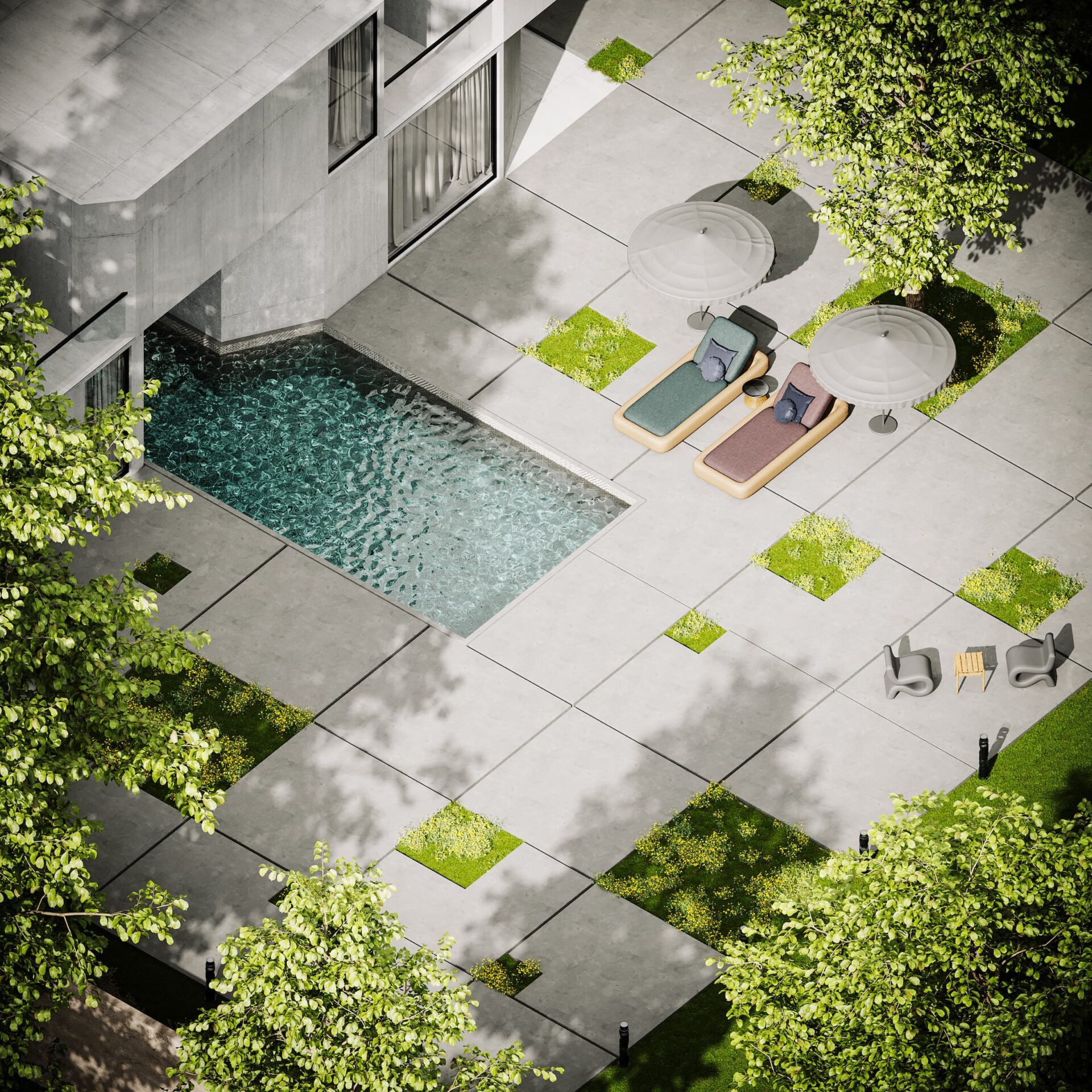 Vue aérienne 3D d'une terrasse avec piscine et transats, réalisée avec 3ds Max