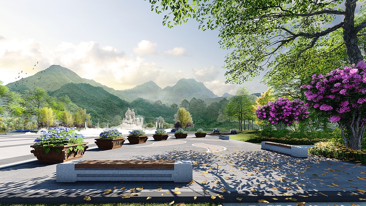 Rendu numérique d’un paysage naturel animé avec arbres en fleurs, montagnes et effets de lumière, réalisé avec After Effects
