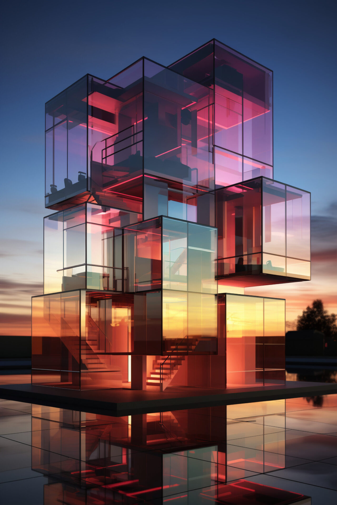 3D rendu abstrait d'un bâtiment de verre empilé avec des reflets de coucher de soleil.