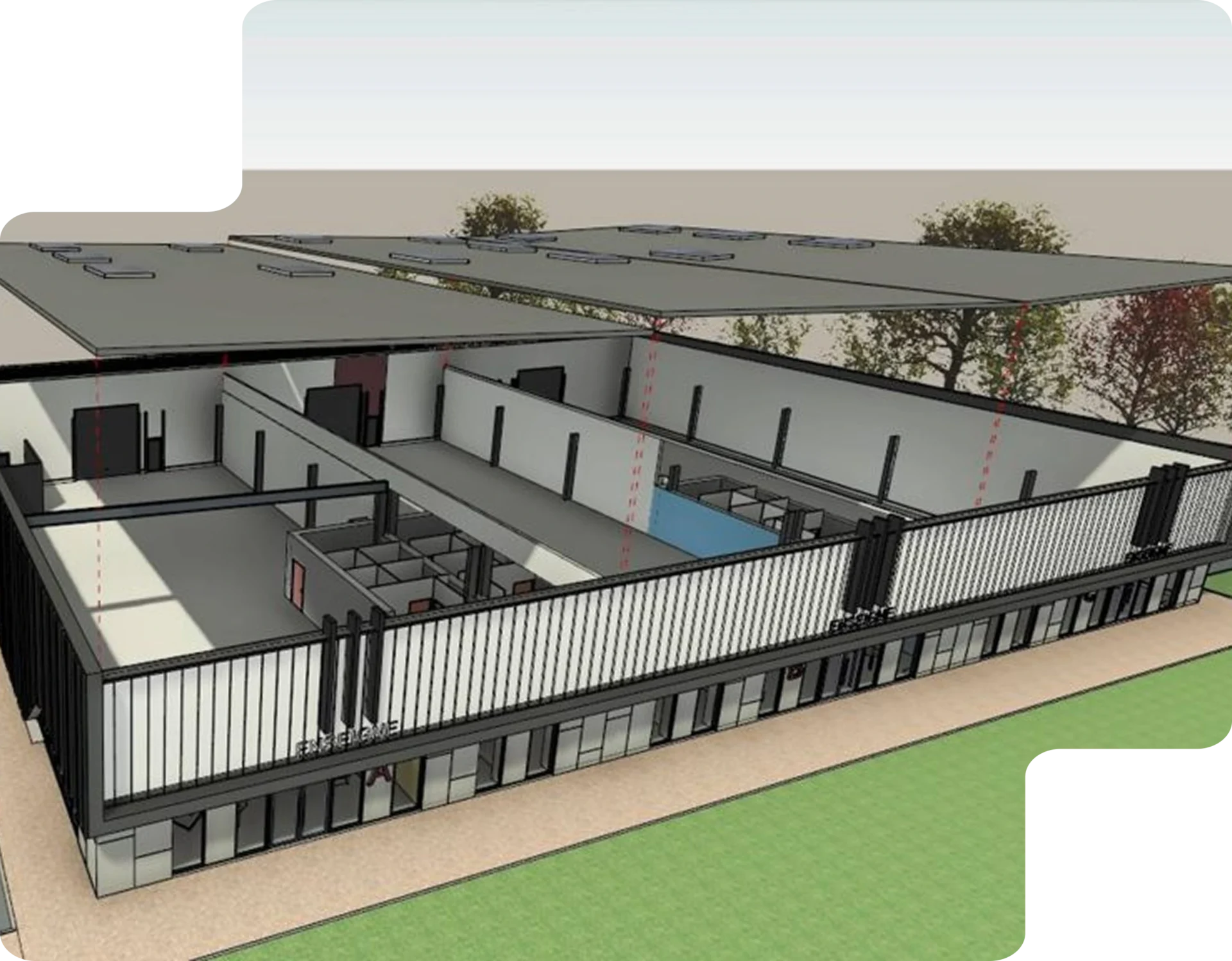 Créez des maquettes architecturales précises avec SketchUp Modélisation 3D d'un bâtiment avec SketchUp, illustrant les différentes couches et structures intérieures.