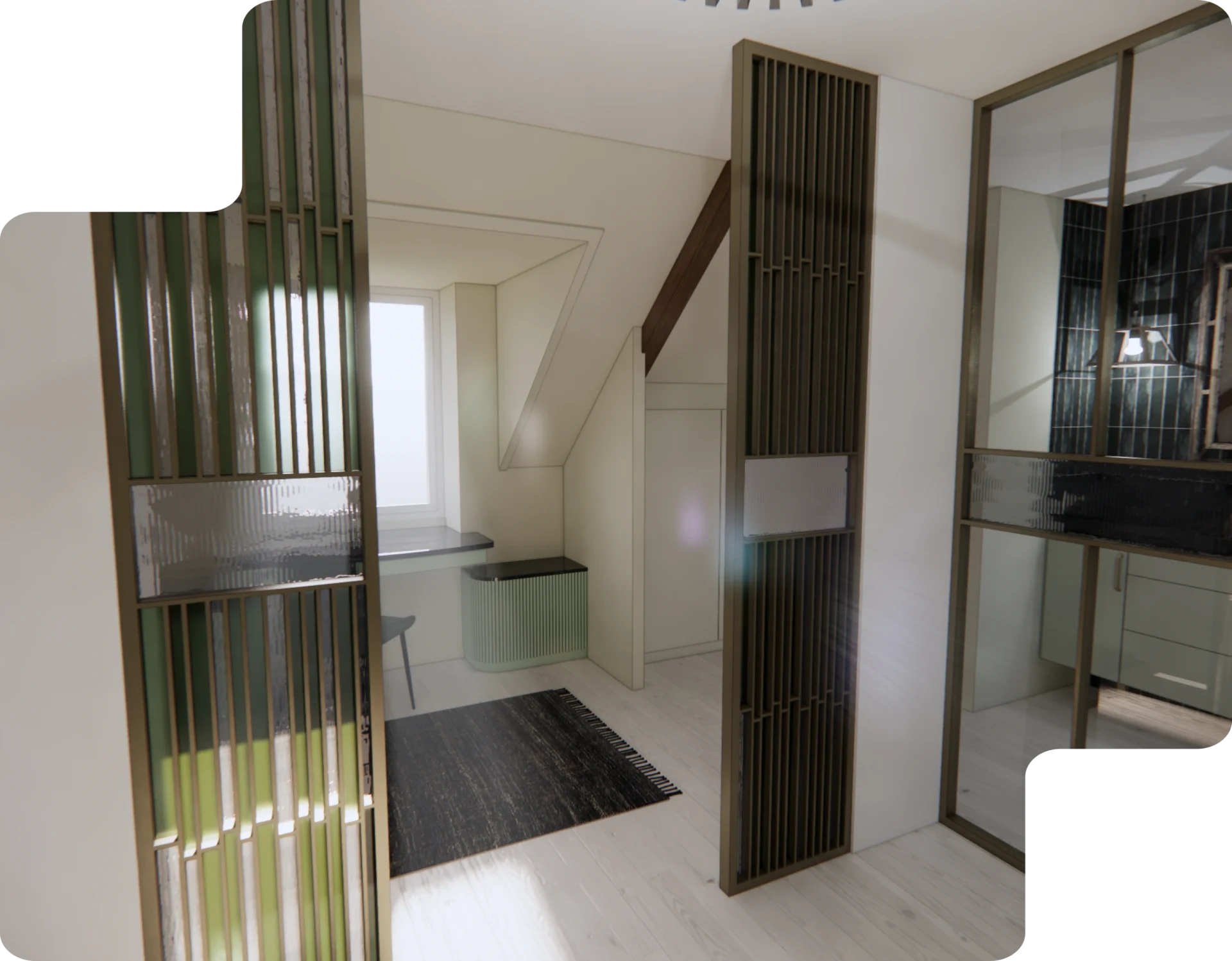 Enscape Donnez vie à vos projets avec des rendus 3D immersifs. Intérieur d’un espace architectural conçu avec Enscape, mettant en valeur un rendu 3D réaliste et lumineux.