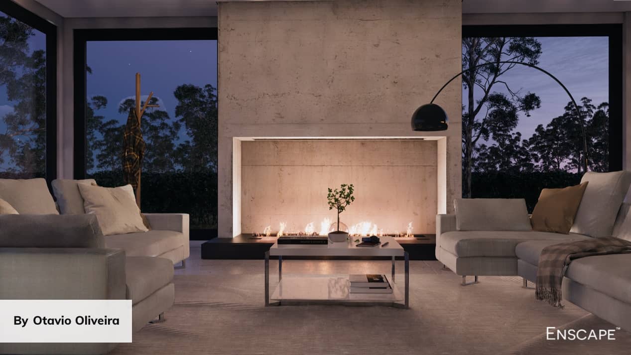 Salon minimaliste avec une cheminée moderne éclairée en soirée.
