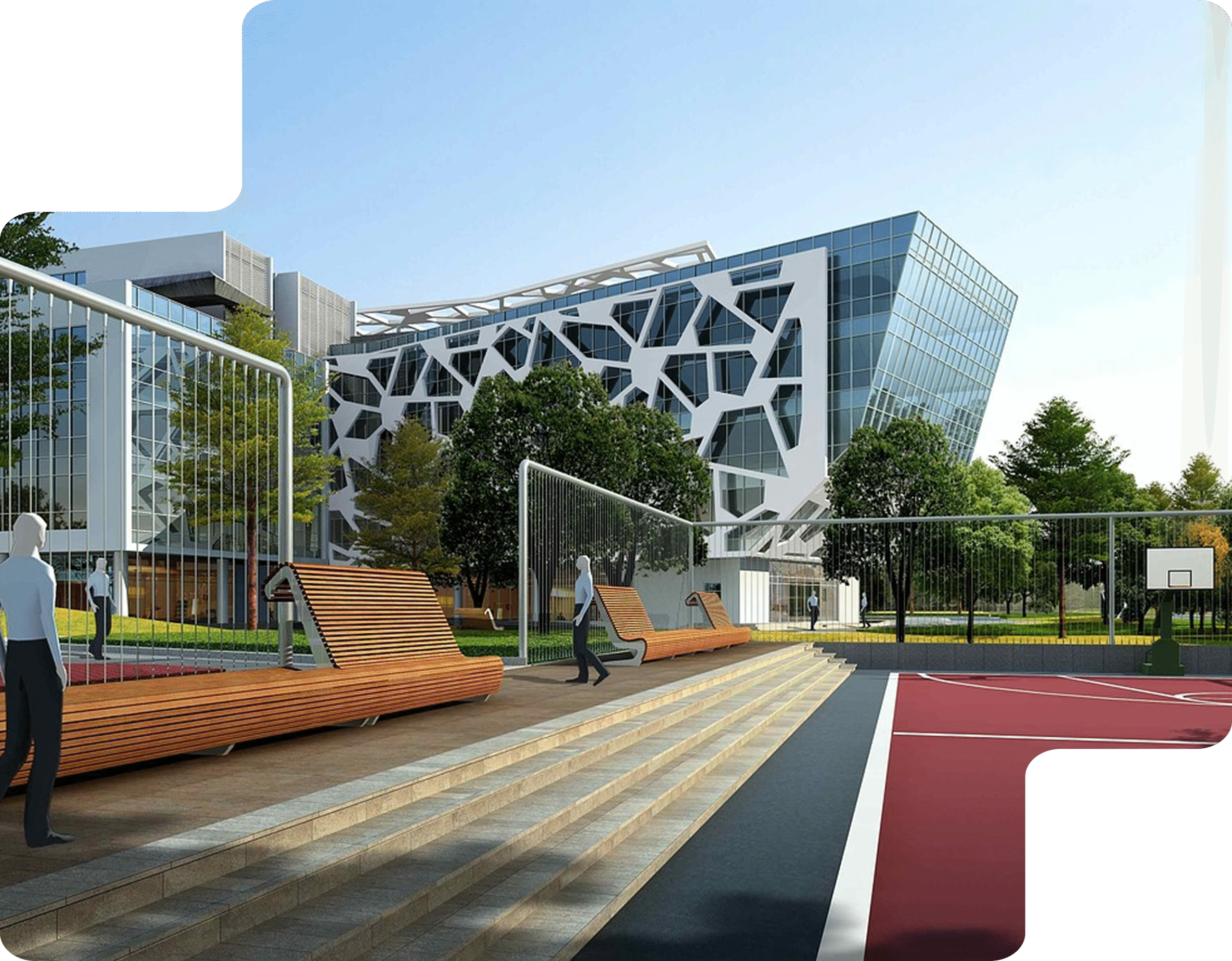 Illustration d’un projet architectural en modélisation 3D Modélisation 3D d’un complexe urbain avec bâtiment en verre et mobilier urbain contemporain