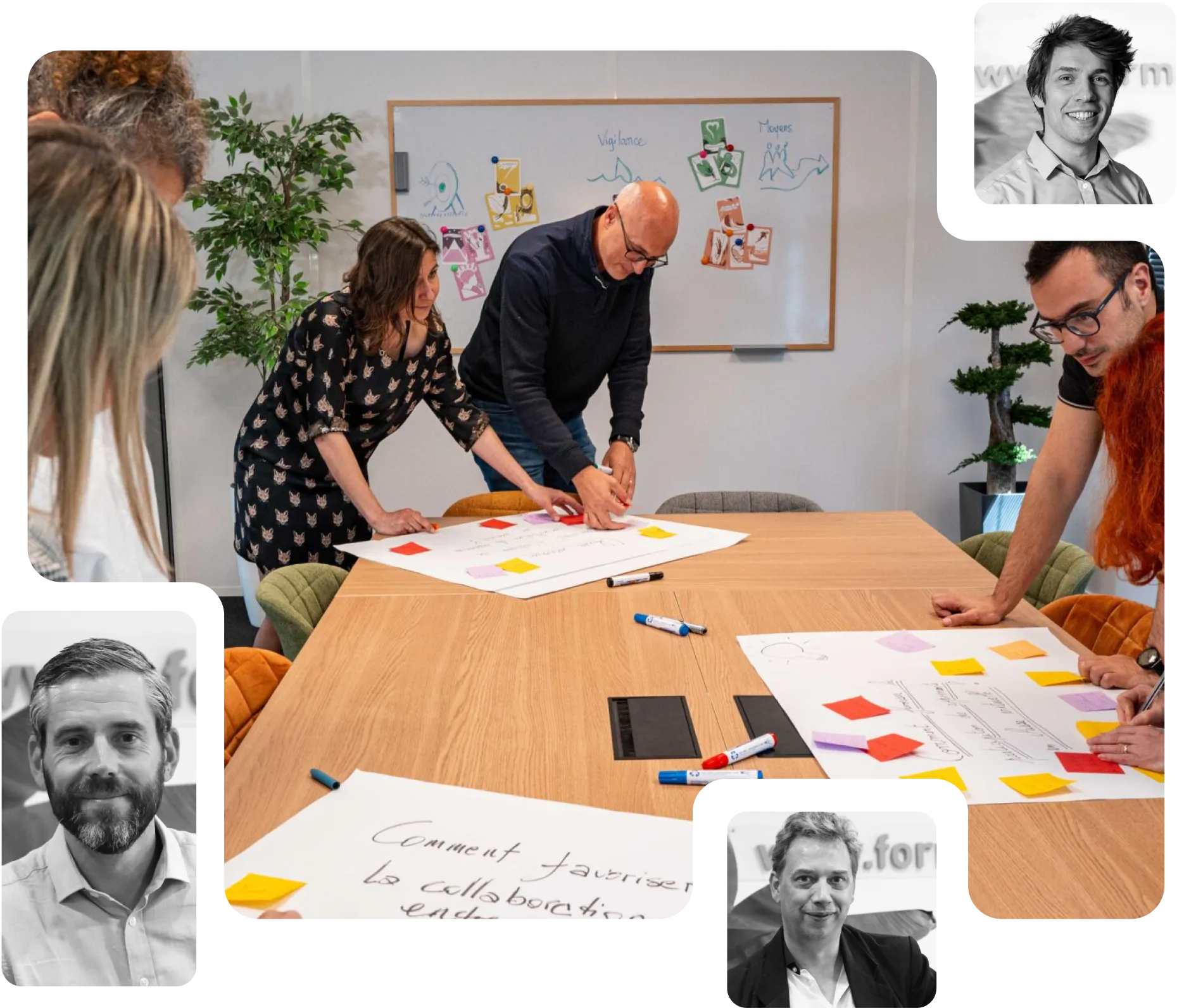 Créativité et collaboration au service de vos projets Des participants en brainstorming autour d’un tableau blanc et de notes colorées, dans un cadre collaboratif.