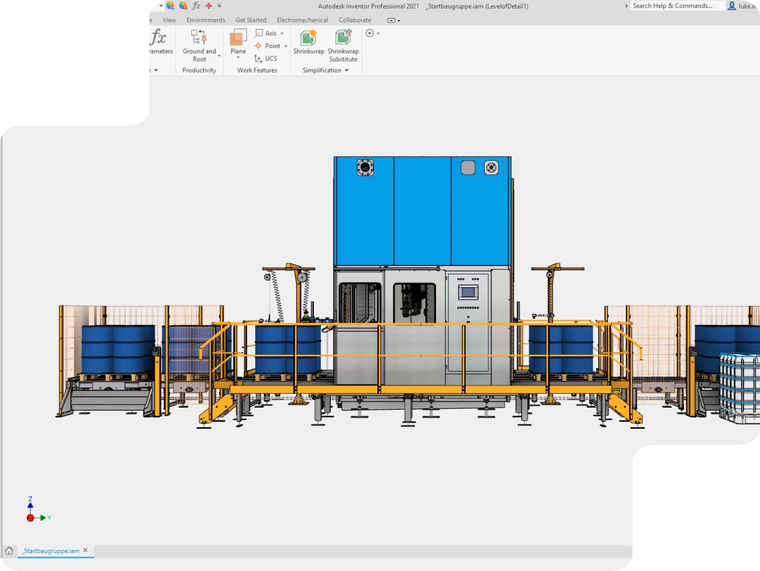 Modélisation d’une ligne industrielle complète sur Autodesk Inventor, illustrant la conception mécanique, l’assemblage et la gestion des composants en 3D