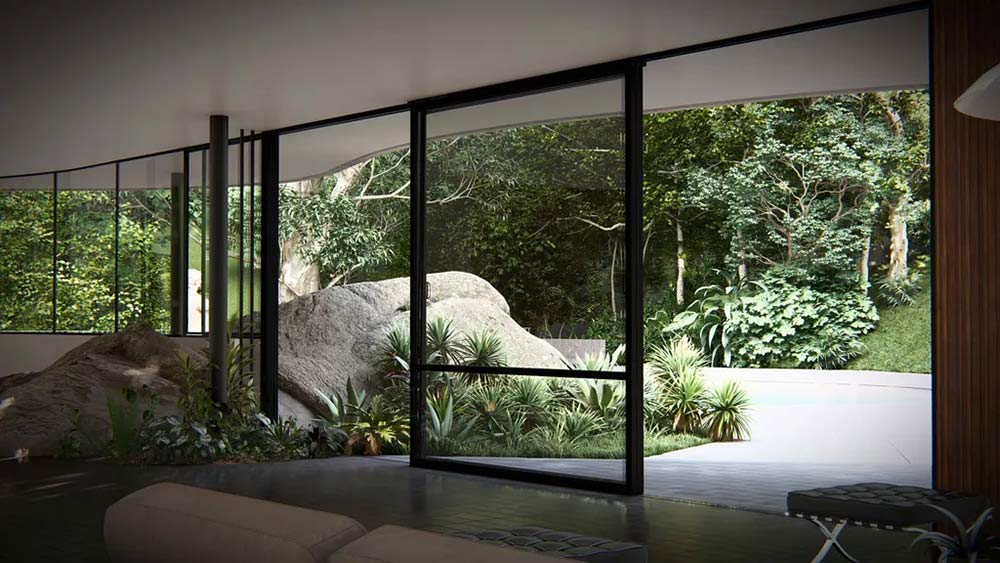 Rendu Lumion d'une maison moderne avec de grandes baies vitrées et vue sur un jardin luxuriant.