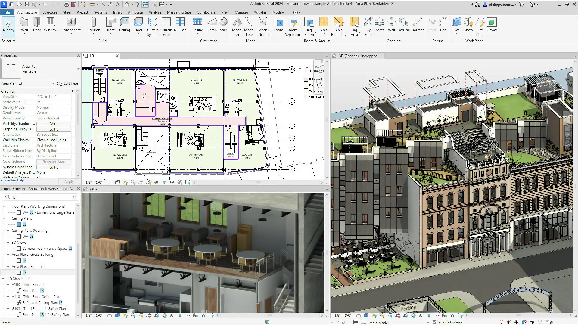 Interface utilisateur de Revit montrant un plan d'étage, une vue 3D et une coupe.
