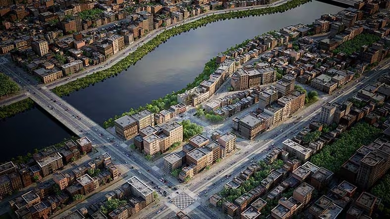 Vue aérienne 3D d’un projet urbain modélisé avec Revit, illustrant la planification et la conception architecturale.