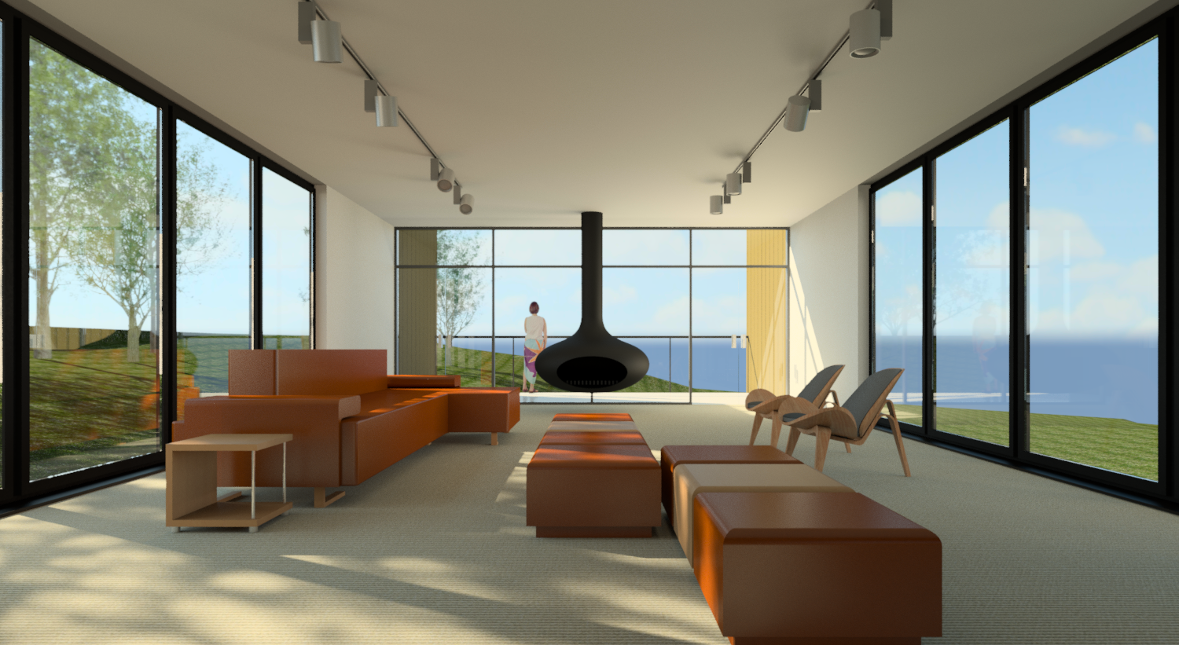 REVIT_intérieur moderne avec mobilier et cheminée suspendue Rendu 3D d’un intérieur moderne et lumineux avec cheminée suspendue, conçu avec Revit pour un projet architectural.