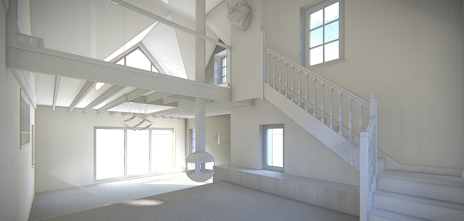 SketchUp_Modélisation d’intérieur en cours de réalisation Vue intérieure d’une maison en cours de modélisation avec SketchUp, incluant une mezzanine et un escalier.