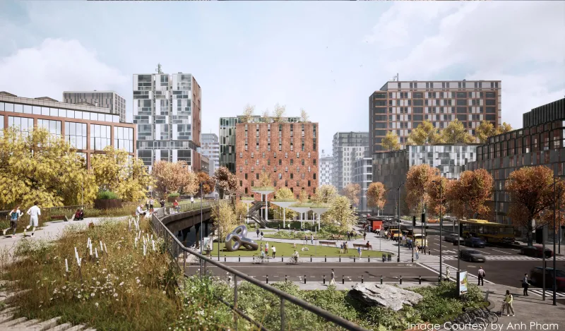 Twinmotion_Espaces Verts au Cœur de l’Urbanisme Moderne Vue d’un parc urbain entouré de bâtiments modernes et de rues animées.