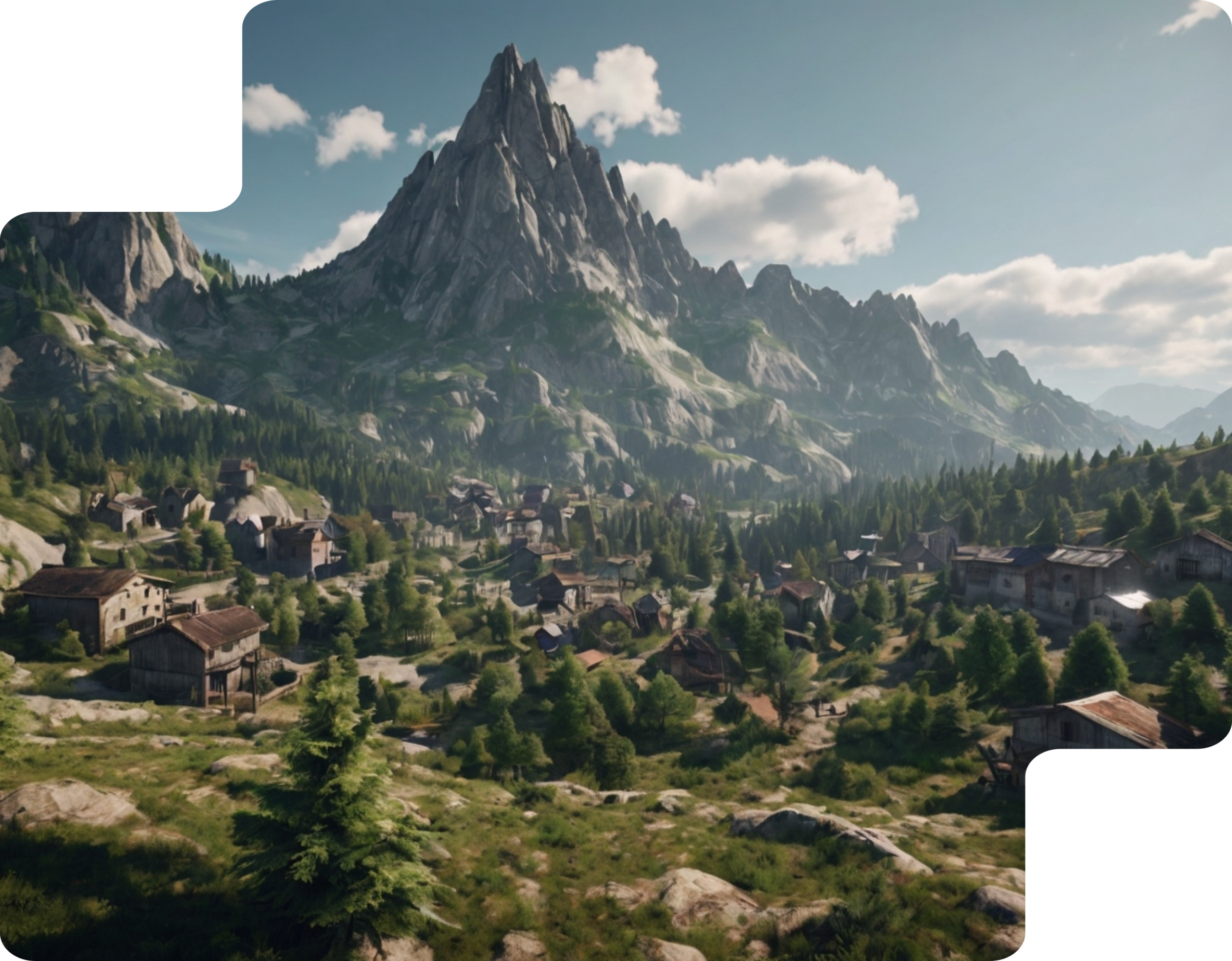 Paysage 3D réaliste d’un village de montagne généré avec Unreal Engine.