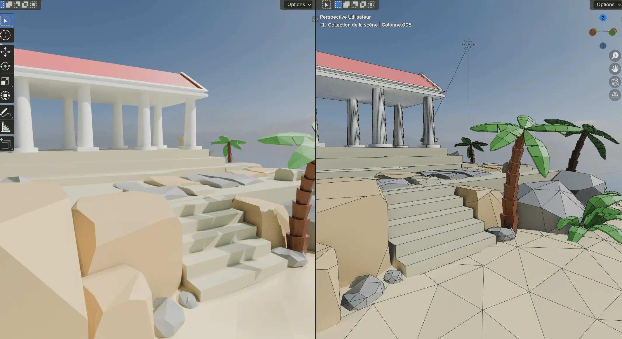 Comparaison des moteurs de rendu EEVEE et Cycles dans Blender, sur une scène de temple antique en bord de mer.