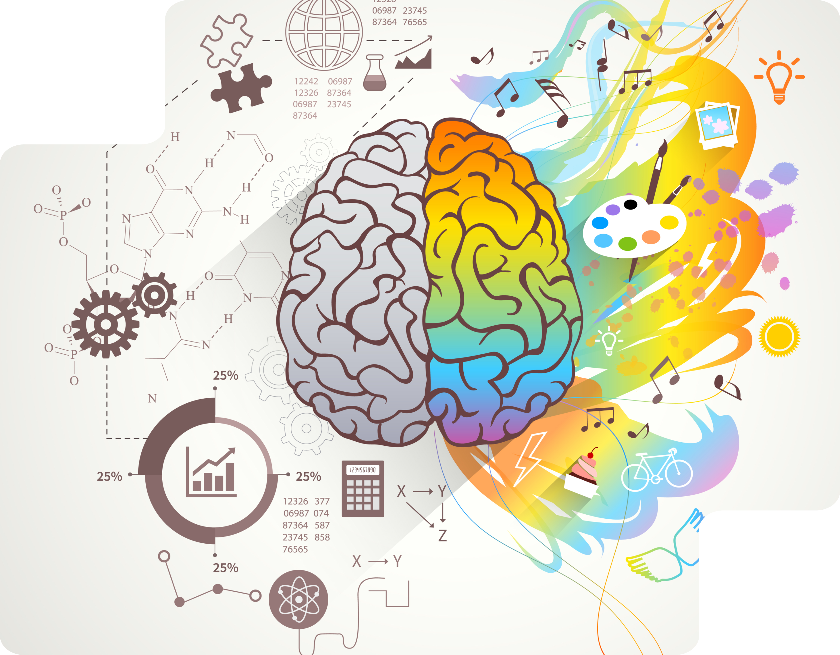 Illustration d’un cerveau mêlant logique et créativité, entouré de symboles éducatifs et artistiques.