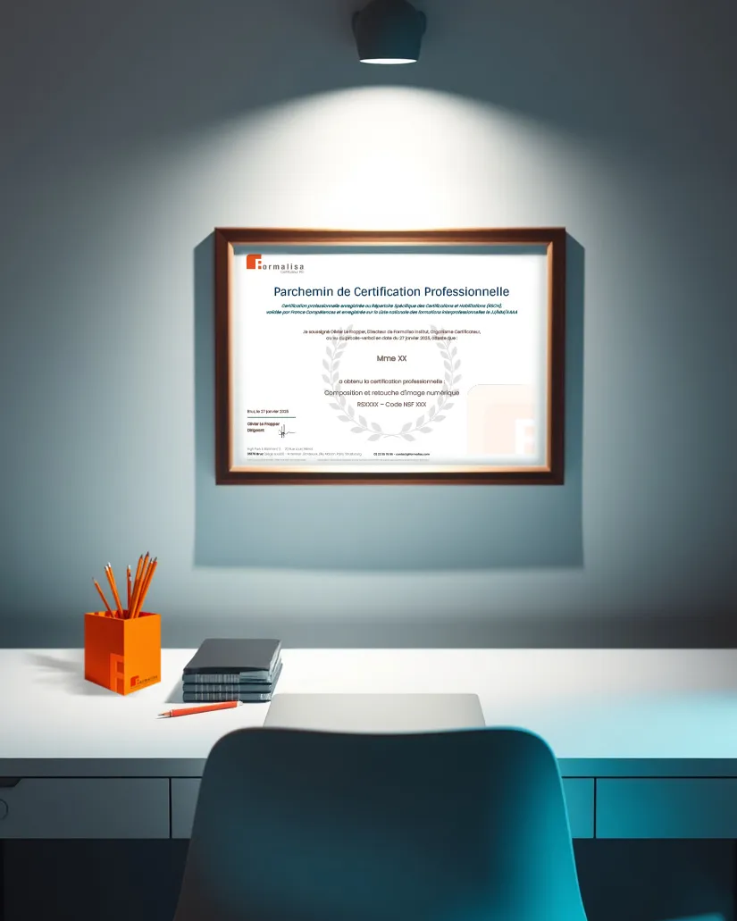 Valorisez vos compétences avec une certification reconnue. Diplôme encadré de certification professionnelle délivré par Formalisa.