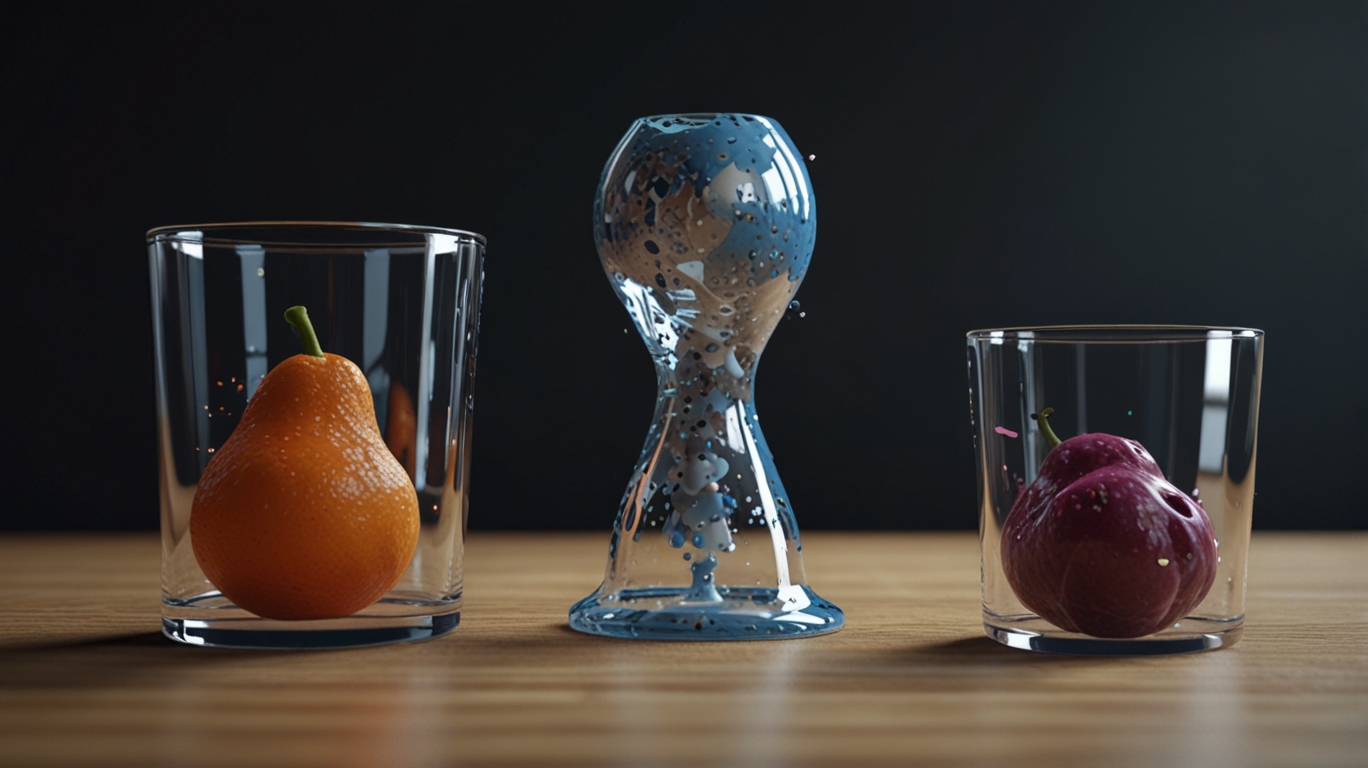 Modélisation et rendu 3D réaliste avec Blender, mettant en scène des objets en verre et en fruits.