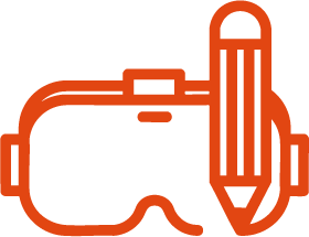 Icône orange représentant un casque de réalité virtuelle avec un crayon pour symboliser la création immersive.